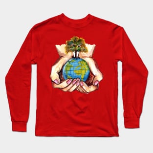 Hand watercolor Holding Earth Long Sleeve T-Shirt